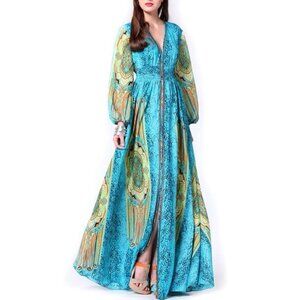 Gracia Blue and Green V-Neck Gown with Slit